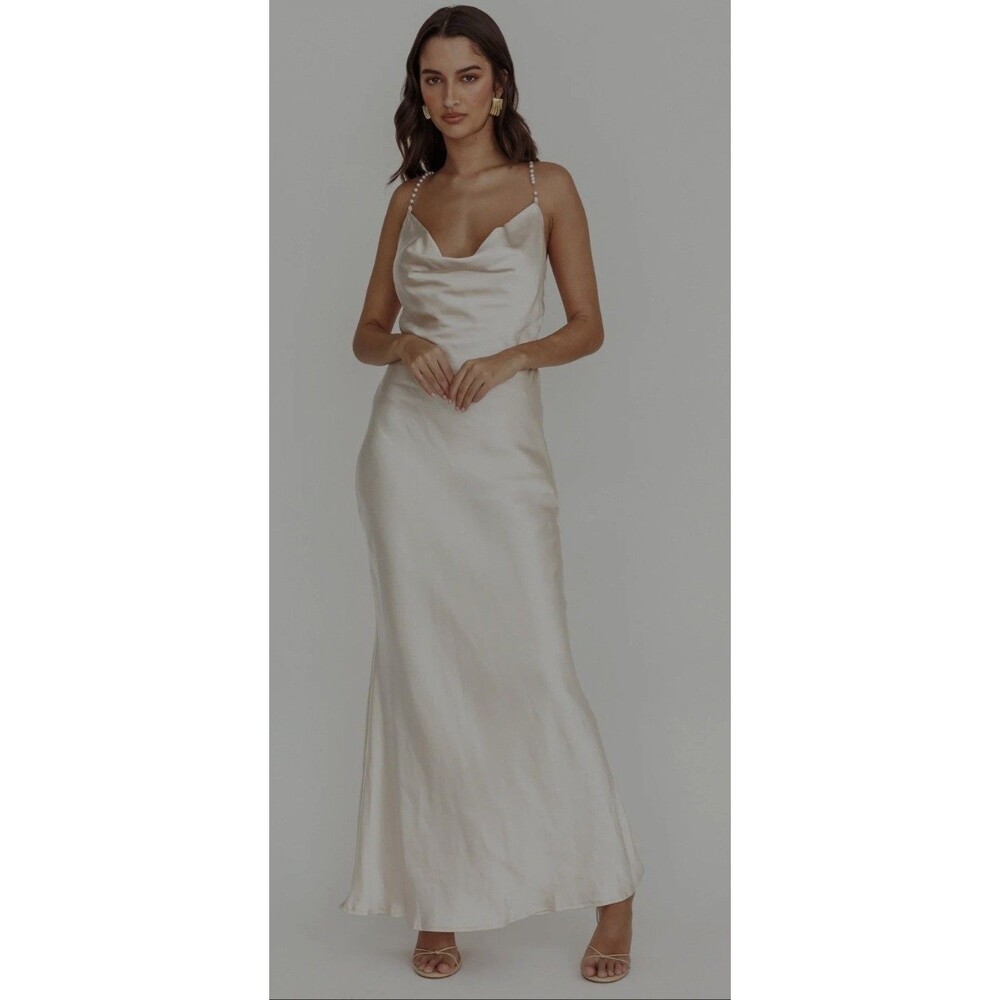 SELFIE LESLIE Danijela Cowl Neck Sz M Pearl Sath Maxi Dress Champagne NWT READ